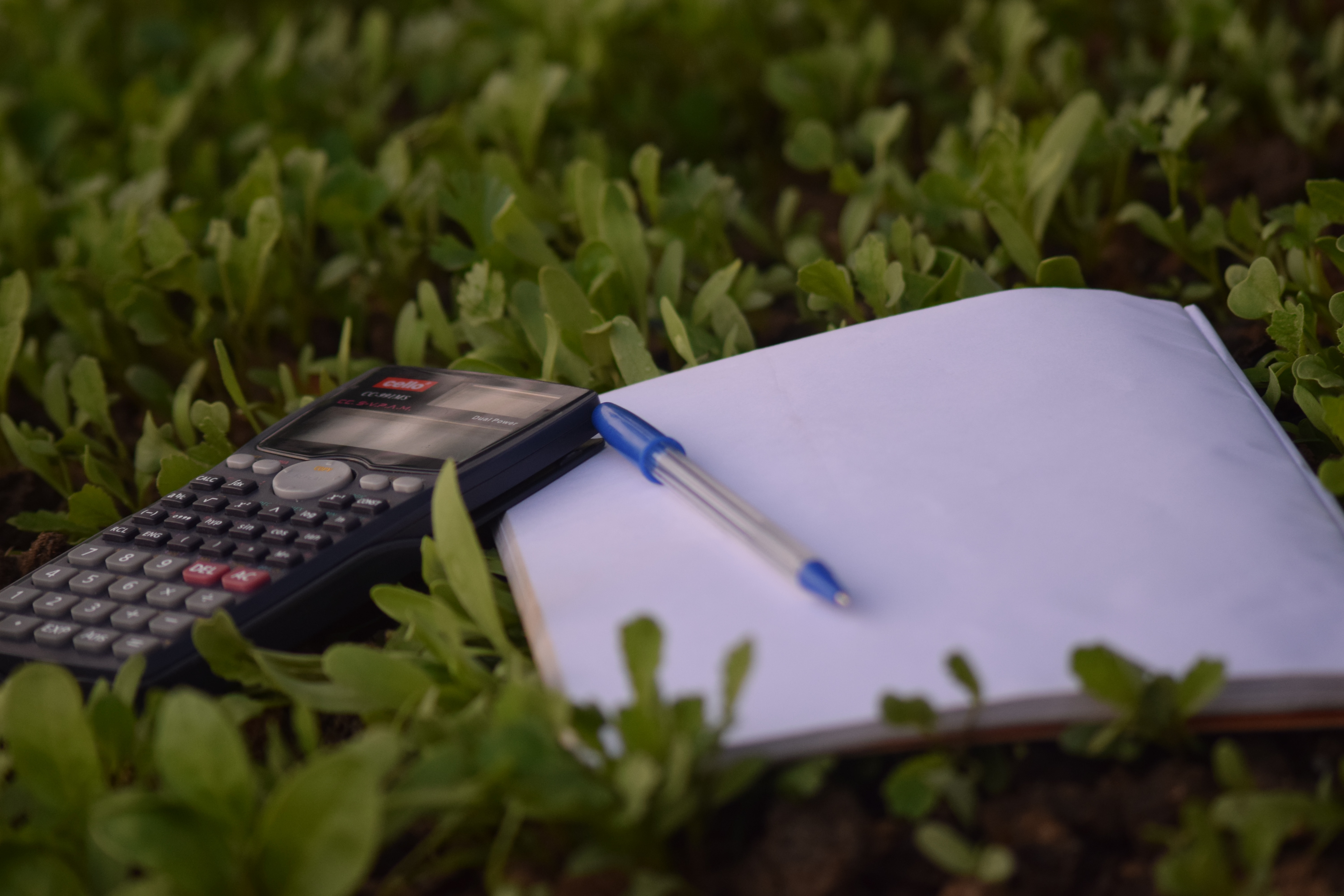 A blank pad, pen and calculator in a field