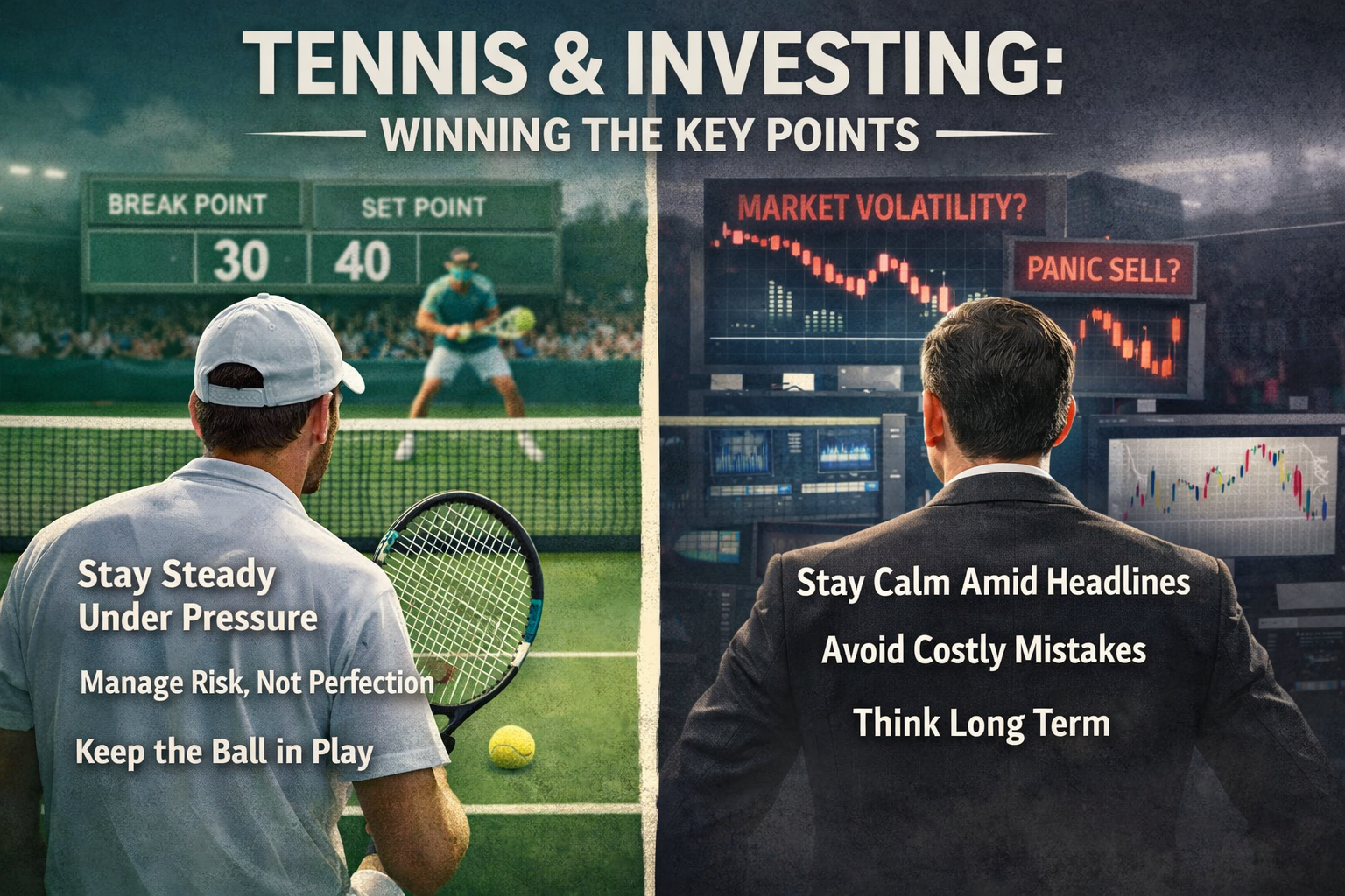 shorten by 50%  Split image comparing tennis and investing.  Left: a tennis player in a high-pressure moment (“Break Point,” “Set Point”) with text: “Stay Steady Under Pressure,” “Manage Risk, Not Perfection,” “Keep the Ball in Play.”  Right: a man facing volatile market screens (“Market Volatility?” “Panic Sell?”) with text: “Stay Calm Amid Headlines,” “Avoid Costly Mistakes,” “Think Long Term.”
