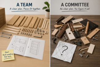 Side-by-side illustration comparing an organized furniture assembly kit with clear instructions to a collection of mismatched parts without guidance, symbolizing the difference between coordinated planning and disconnected advice.