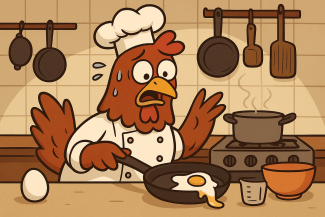 A cartoon-style digital illustration shows a chicken dressed as a chef standing in a cozy kitchen. The chicken has wide, surprised eyes and is holding a frying pan with a partially cooked egg. The kitchen features beige tiled walls, cooking utensils, and wooden shelves. The chicken’s expression suggests the humorous realization that laying eggs doesn’t mean knowing how to cook them.