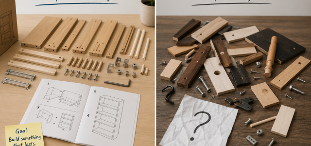 Side-by-side illustration comparing an organized furniture assembly kit with clear instructions to a collection of mismatched parts without guidance, symbolizing the difference between coordinated planning and disconnected advice.